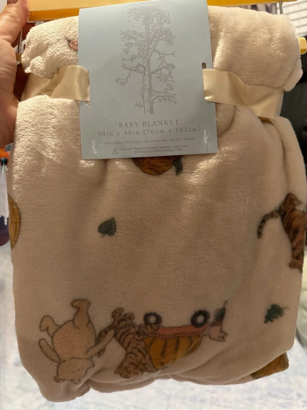 Disney Cream Plush Baby Blanket with Pooh & Pumpkin Design